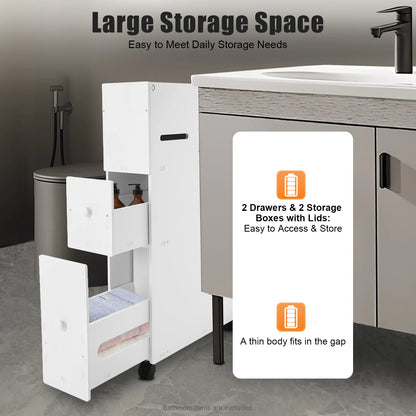 Narrow bathroom storage cabinet with 2 drawers and 2 storage boxes for efficient organization