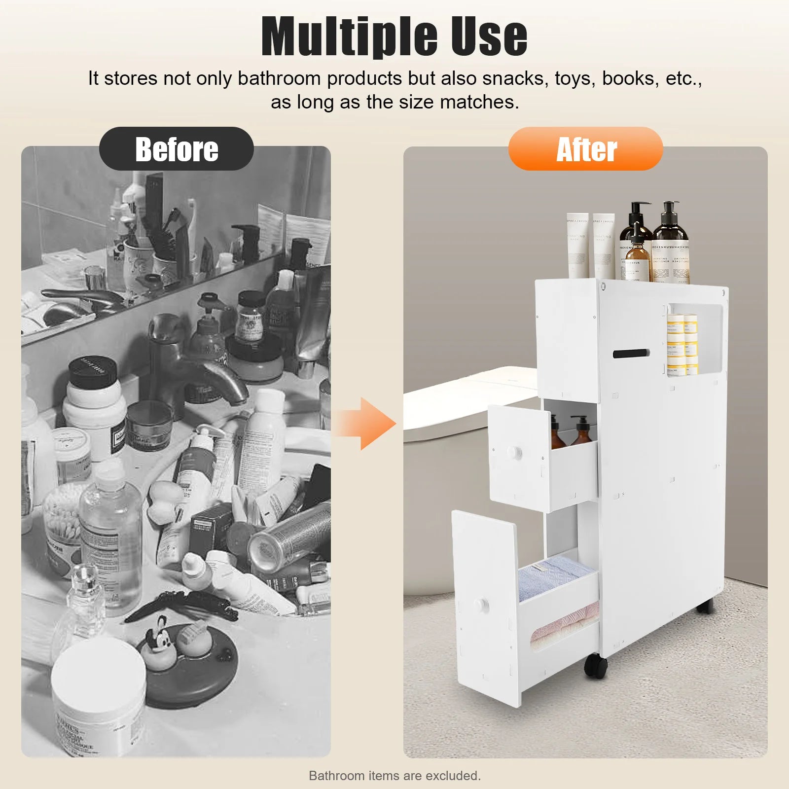 Narrow bathroom storage cabinet with multiple shelves for organizing toiletries and essentials