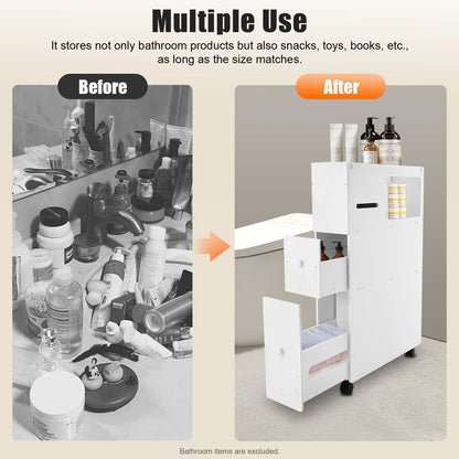 Narrow bathroom storage cabinet with multiple shelves for organizing toiletries and essentials