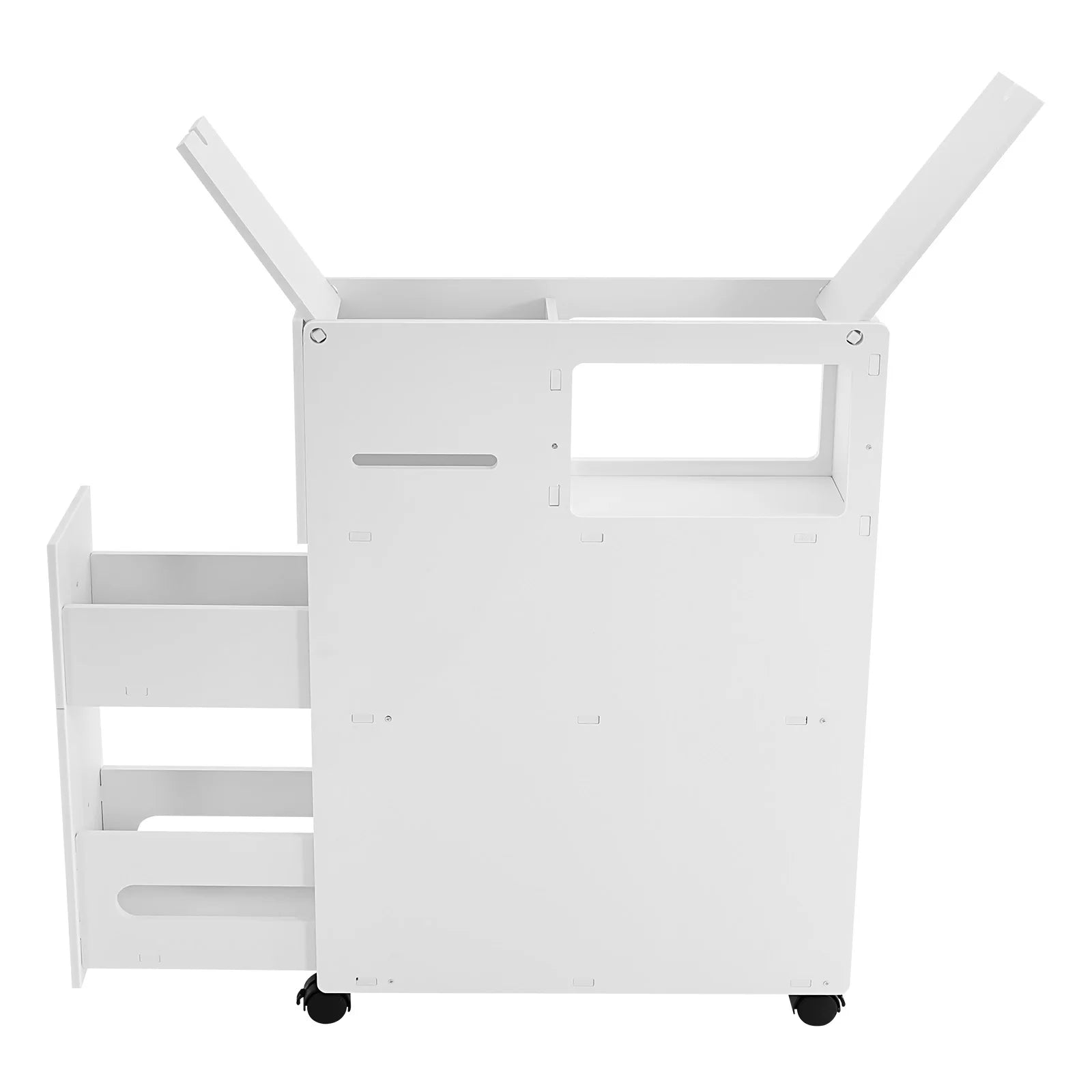 White narrow bathroom storage cabinet with wheels and multiple compartments for organized space