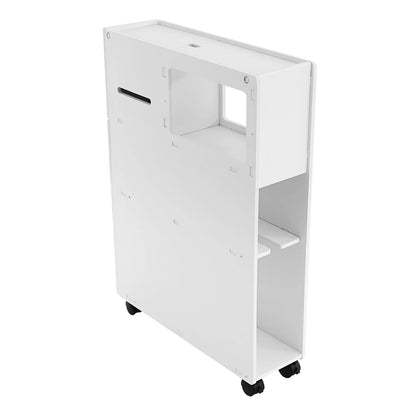 White narrow bathroom storage cabinet on wheels with open shelves and a sleek design