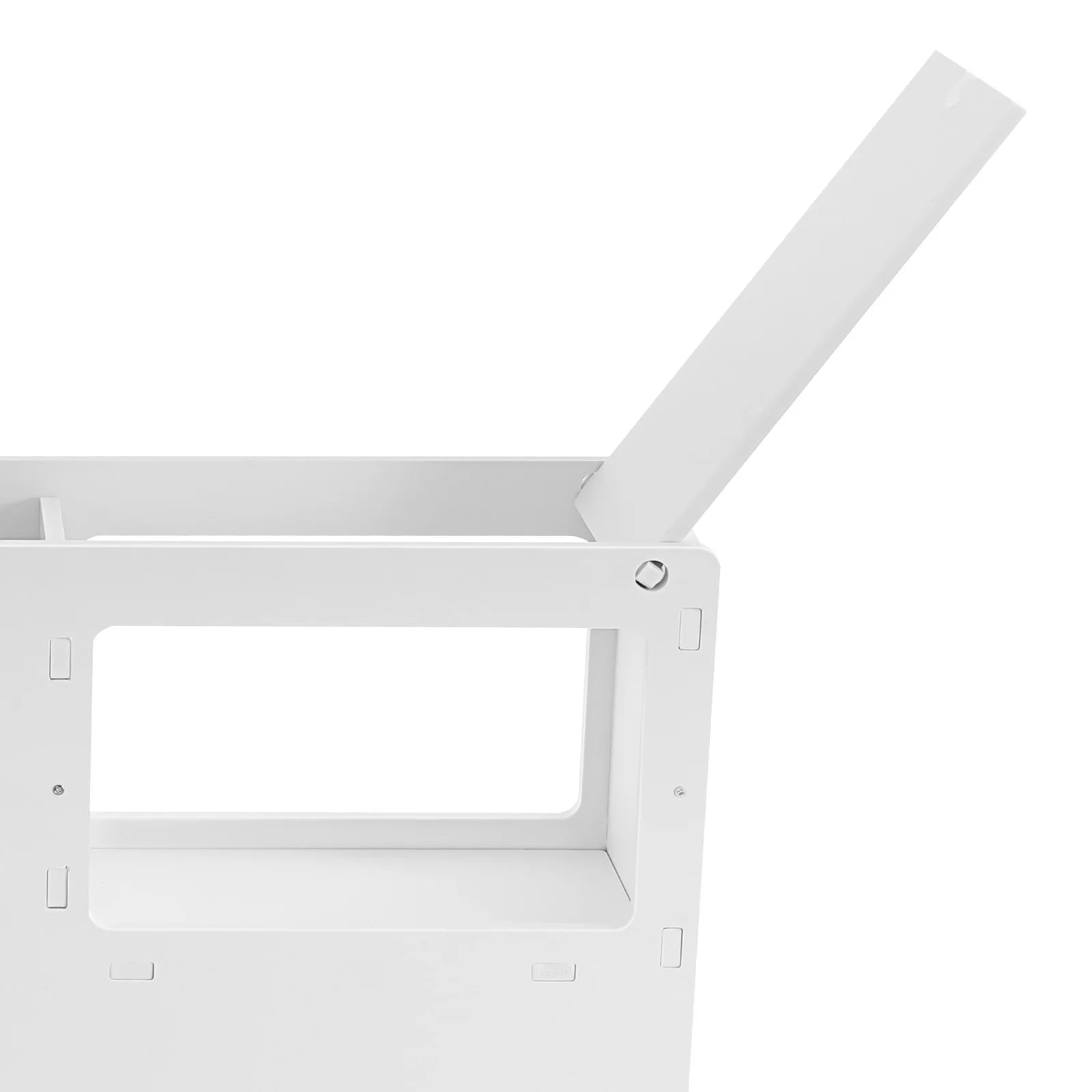 Modern narrow bathroom storage cabinet in white with a sleek design and open shelving