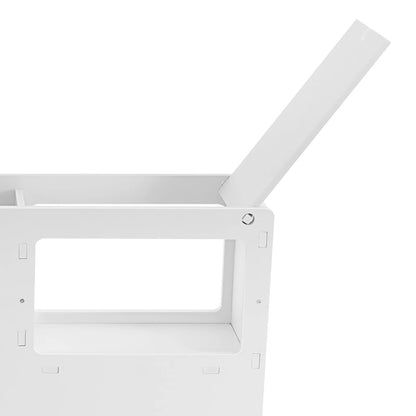 Modern narrow bathroom storage cabinet in white with a sleek design and open shelving