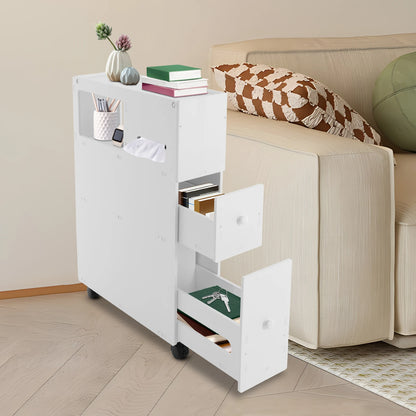 Modern narrow bathroom storage cabinet in white with multiple drawers for efficient organization