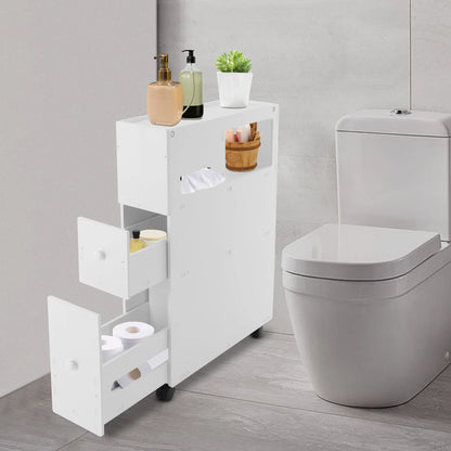 Narrow bathroom storage cabinet in white with drawers and decorative items for compact spaces