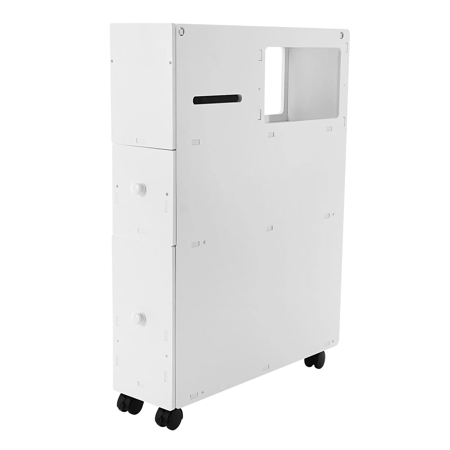 White narrow bathroom storage cabinet on wheels for efficient space-saving organization