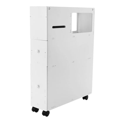 White narrow bathroom storage cabinet on wheels for efficient space-saving organization