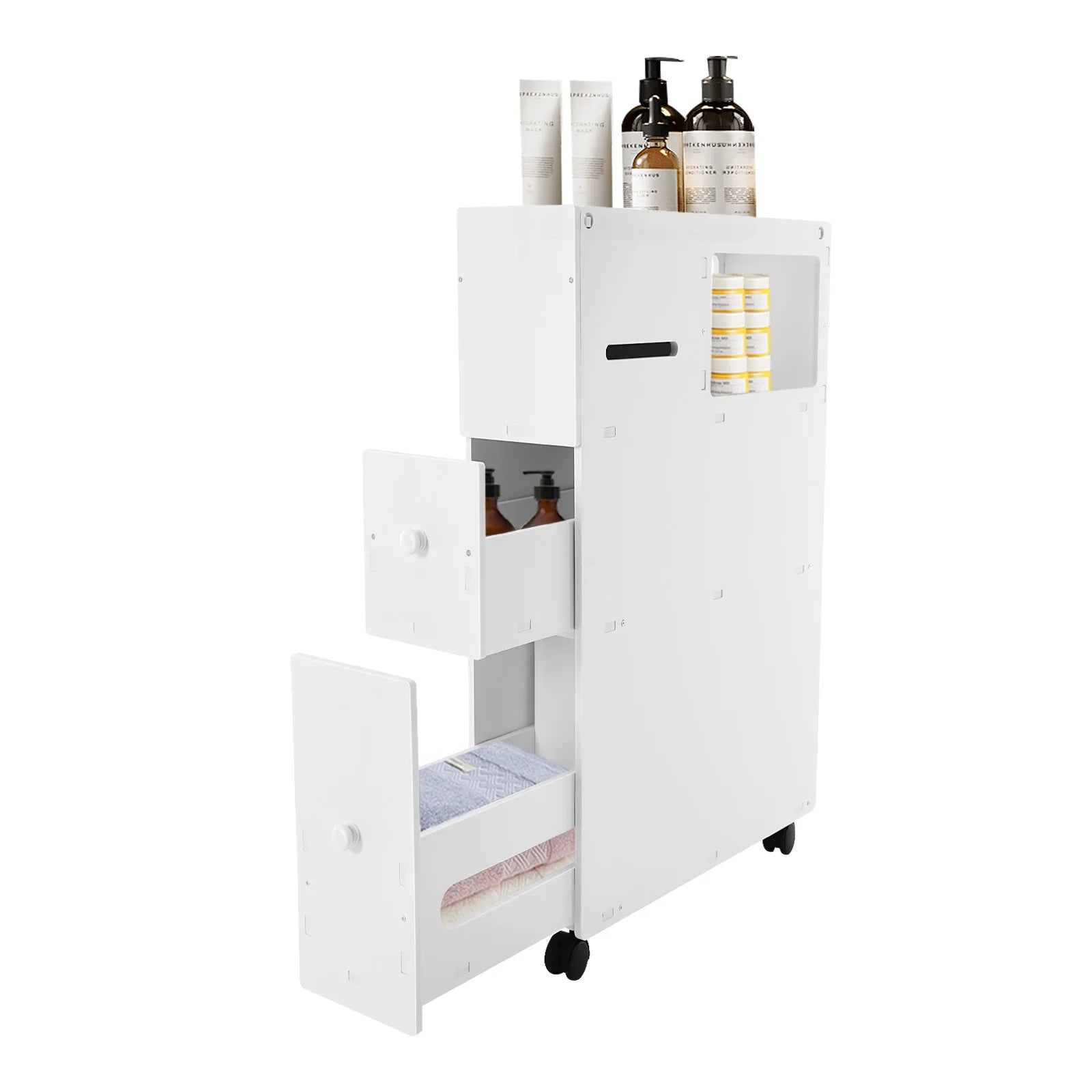 Narrow bathroom storage cabinet with multiple shelves and drawers for organizing toiletries