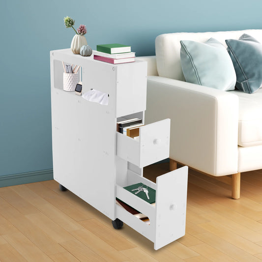 Narrow bathroom storage cabinet in white with multiple drawers and open shelves for organized storage