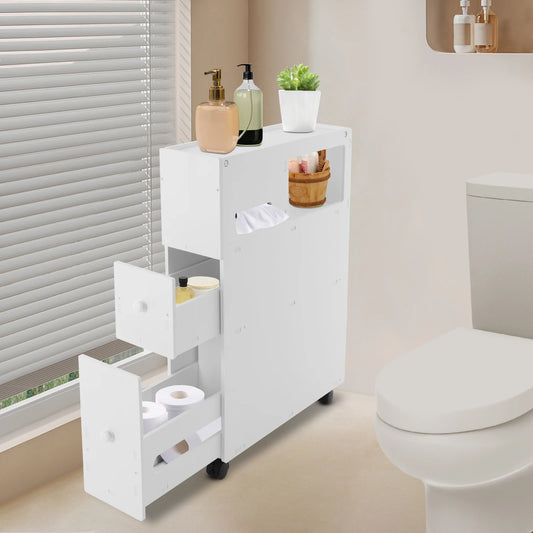 Narrow bathroom storage cabinet on wheels with multiple shelves and drawers for efficient organization
