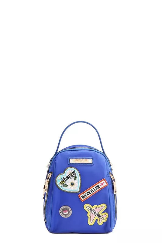 Nicole Lee color patch bag in vibrant blue with fun patches for a stylish look