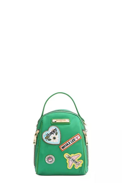 Nicole Lee color patch bag in green with fun patches and a stylish design