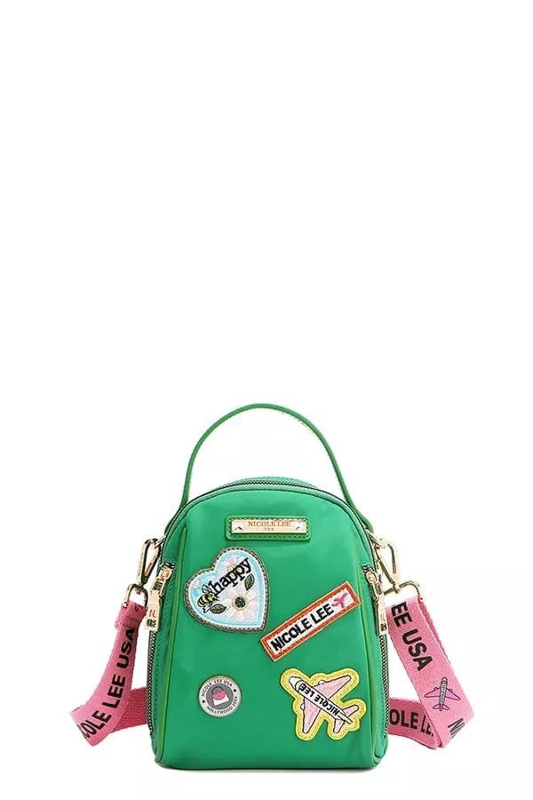 Nicole Lee color patch bag in green with fun patches and dual straps for a stylish look