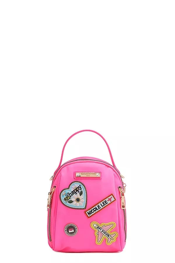 Nicole Lee color patch bag in bright pink with fun patches and a top handle for trendy style