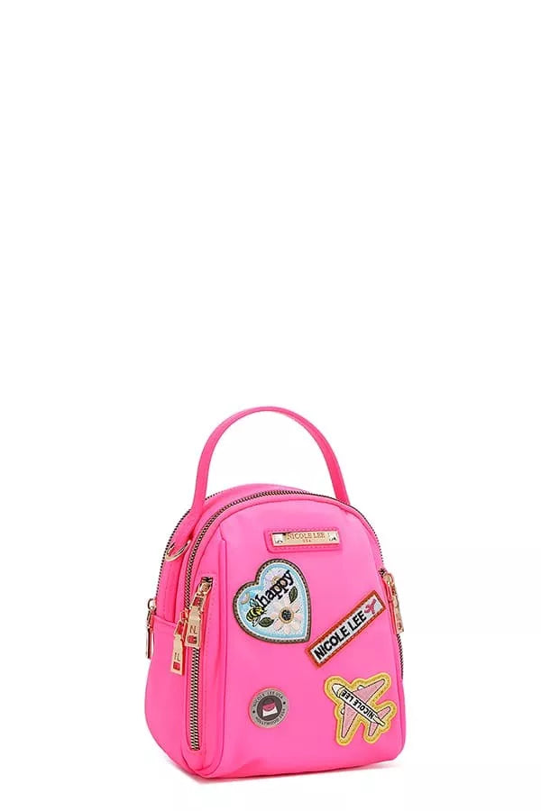 Nicole Lee color patch bag in bright pink with fun patches and dual zipper closure