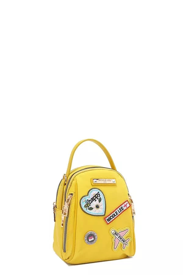 Nicole Lee color patch bag in vibrant yellow with fun appliques for stylish everyday use