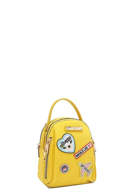 Nicole Lee color patch bag in vibrant yellow with fun appliques for stylish everyday use