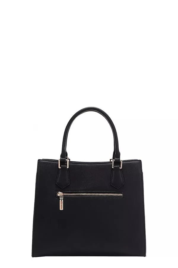 Nicole Lee structured tote bag in black with a front zipper pocket and dual top handles