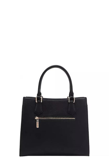 Nicole Lee structured tote bag in black with a front zipper pocket and dual top handles