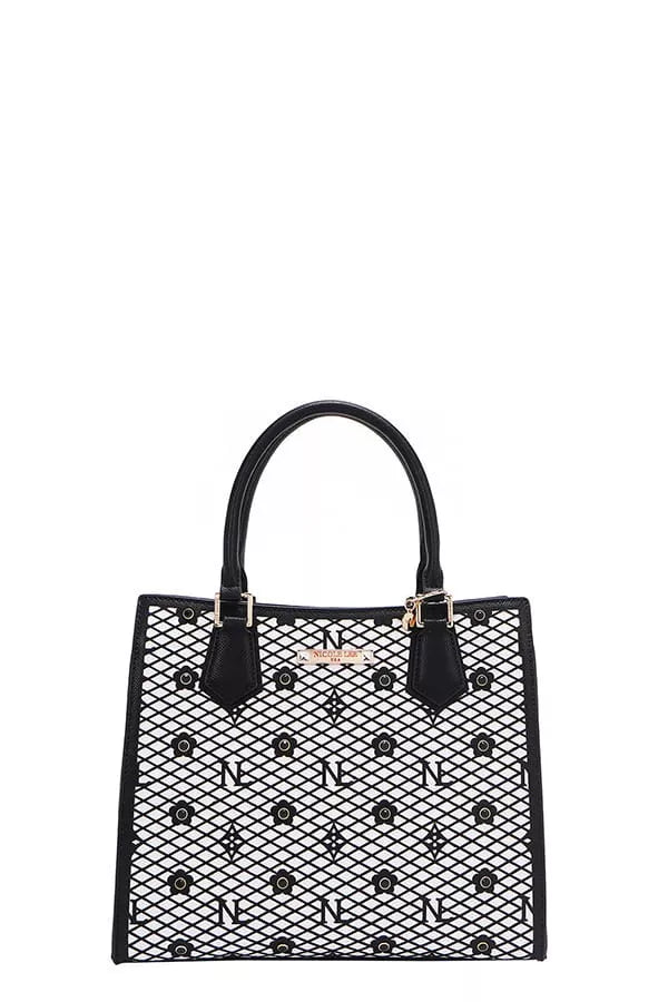 Nicole Lee structured tote bag with stylish geometric design and sturdy black handles