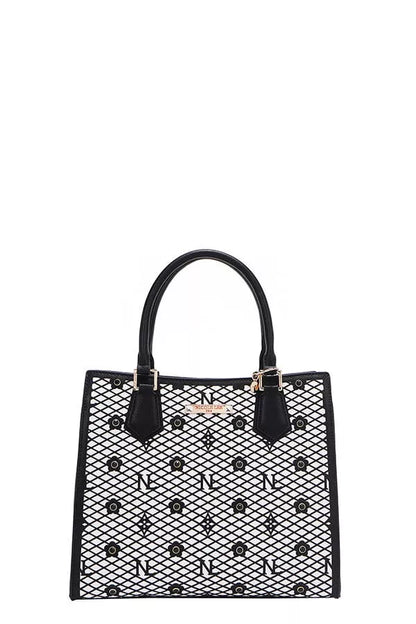 Nicole Lee structured tote bag with stylish geometric design and sturdy black handles