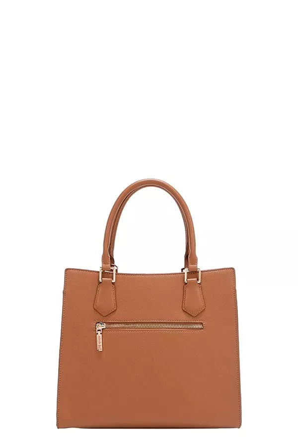 Nicole Lee structured tote bag in tan with front zip pocket and sturdy handles for stylish storage
