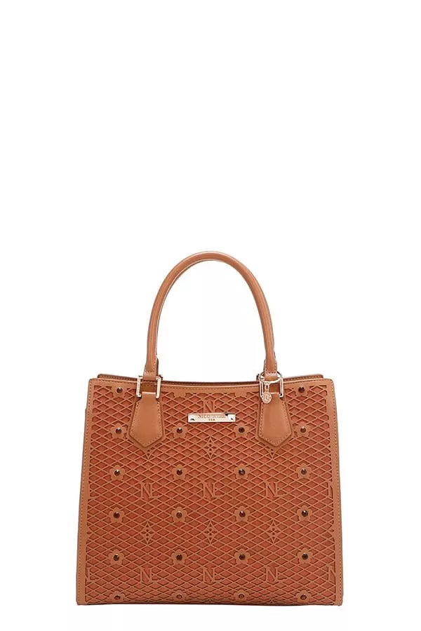 Nicole Lee structured tote bag in brown with stylish pattern and dual handles for everyday use