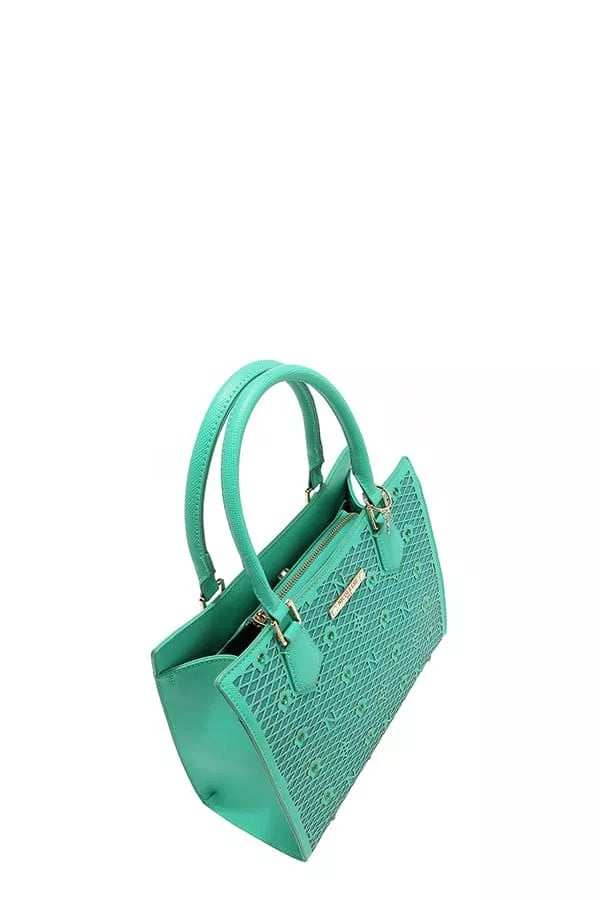 Nicole Lee structured tote bag in teal with intricate laser-cut design and dual handles