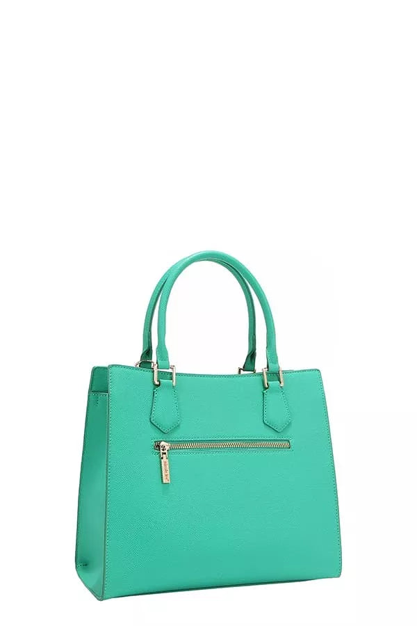 Nicole Lee structured tote bag in vibrant teal with a zippered front pocket for stylish storage