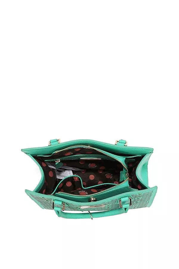 Interior view of Nicole Lee structured tote bag in teal featuring multiple compartments and a stylish lining