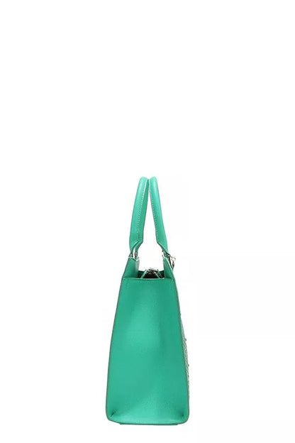 Side view of Nicole Lee structured tote bag in vibrant green with stylish design