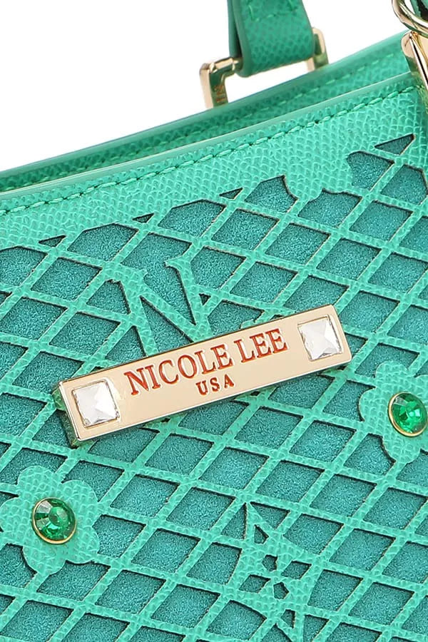 Nicole Lee structured tote bag in vibrant teal with decorative embellishments and logo detail