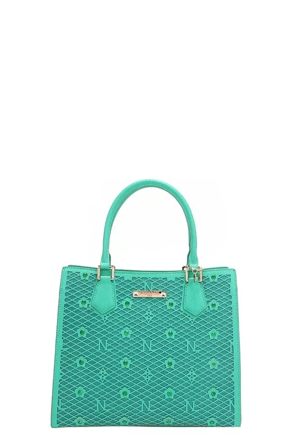 Nicole Lee structured tote bag in vibrant teal with geometric design and dual top handles