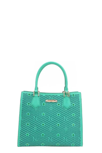 Nicole Lee structured tote bag in vibrant teal with geometric design and dual top handles