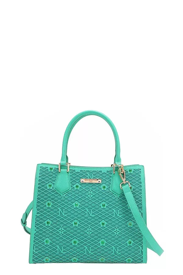 Nicole Lee structured tote bag in mint green with stylish geometric design and dual handles