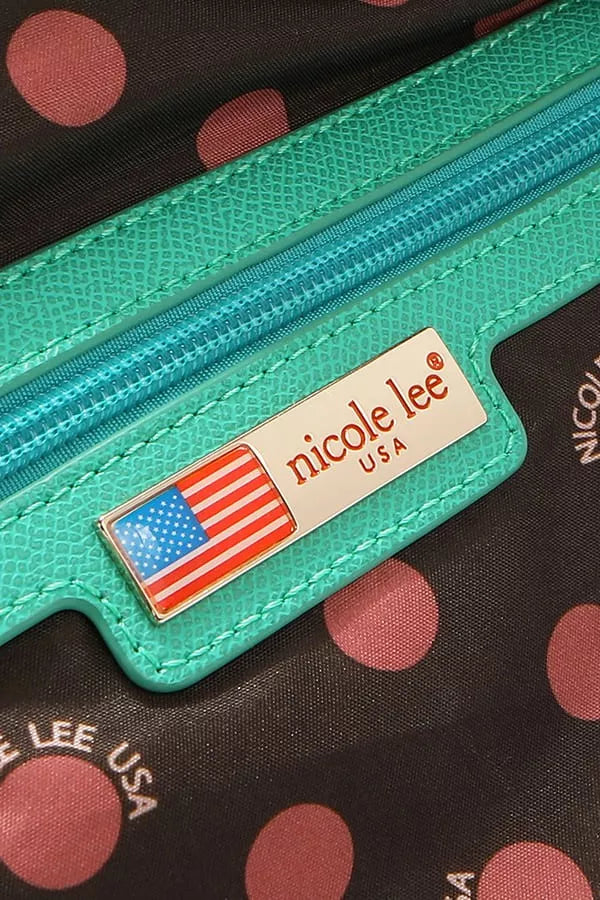 Close-up of Nicole Lee structured tote bag showing vibrant turquoise texture and USA flag detail