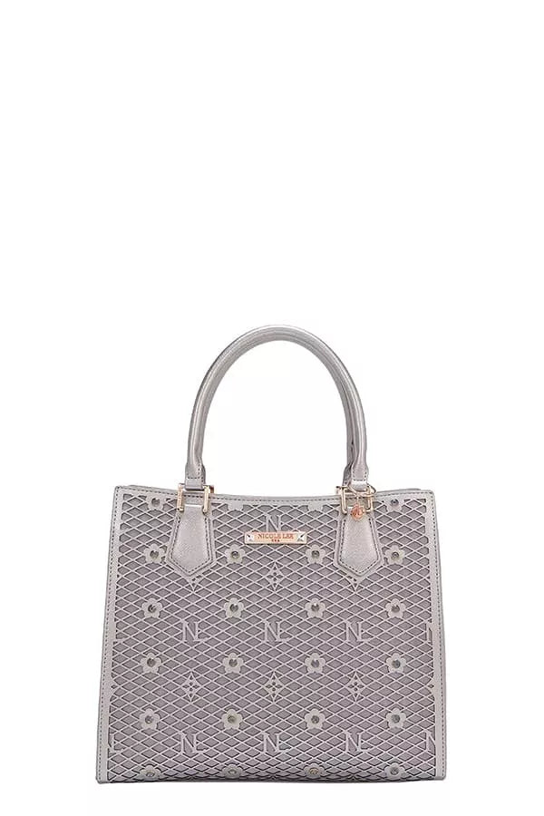 Nicole Lee structured tote bag in gray with stylish floral design and elegant handles