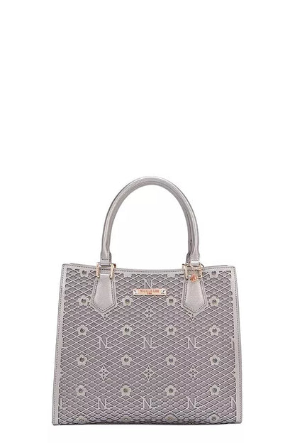 Nicole Lee structured tote bag in gray with stylish floral design and elegant handles