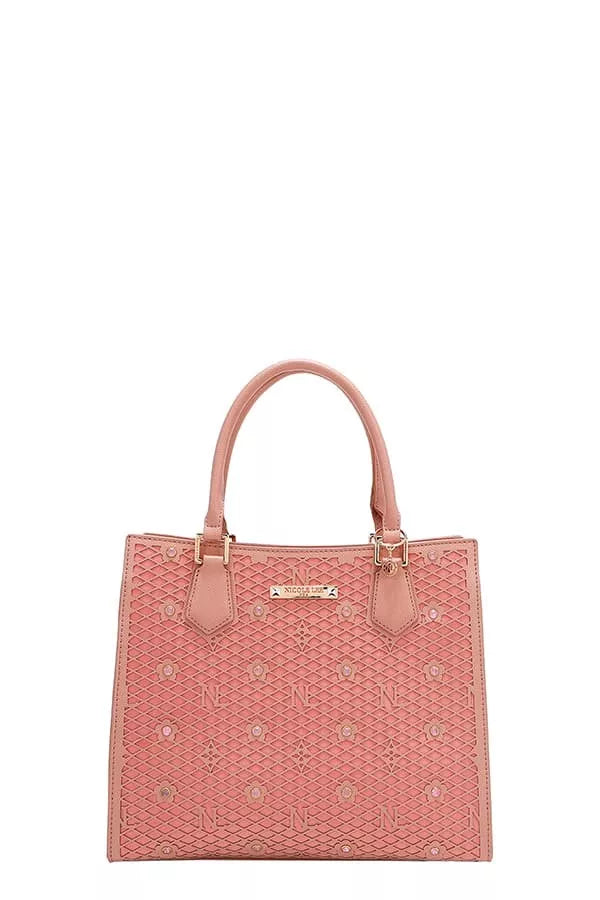 Nicole Lee structured tote bag in pink featuring embossed design and dual top handles for stylish everyday use