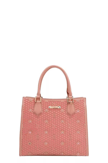 Nicole Lee structured tote bag in pink featuring embossed design and dual top handles for stylish everyday use