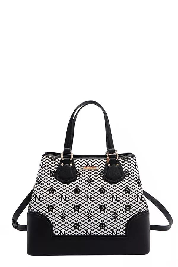 Nicole Lee USA monogram handbag featuring elegant design with black and white pattern and sturdy handles