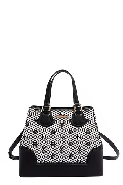 Nicole Lee USA monogram handbag featuring elegant design with black and white pattern and sturdy handles