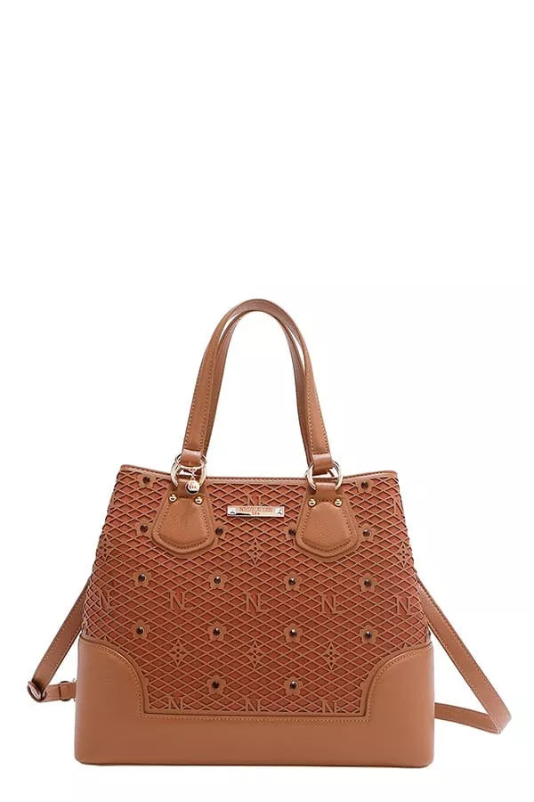 Nicole Lee USA monogram handbag in brown with decorative stitching and dual handles