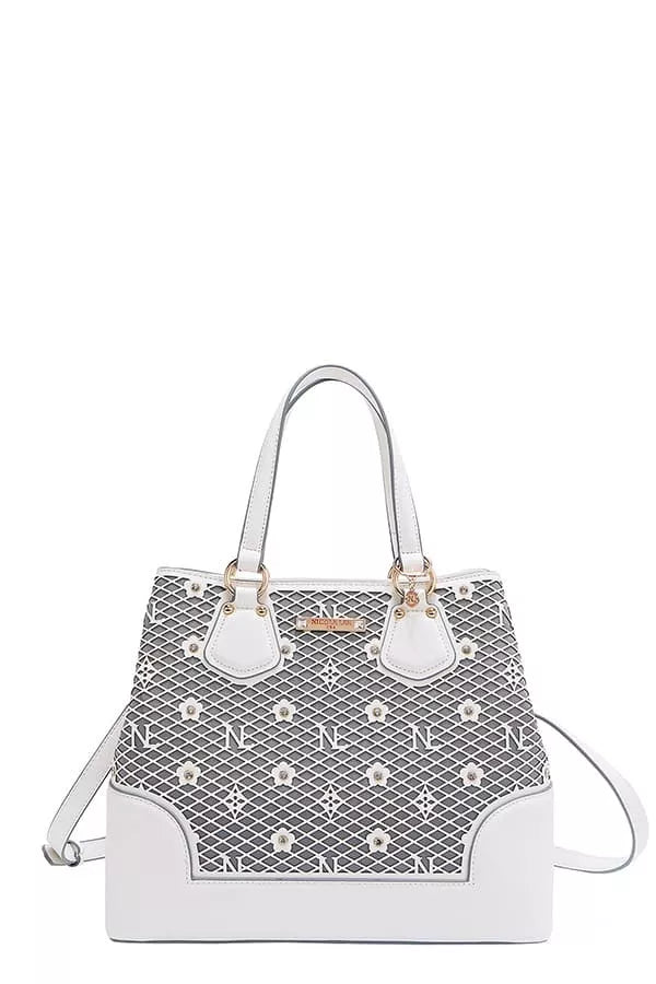 Nicole Lee USA monogram handbag in white with decorative embellishments and dual handles
