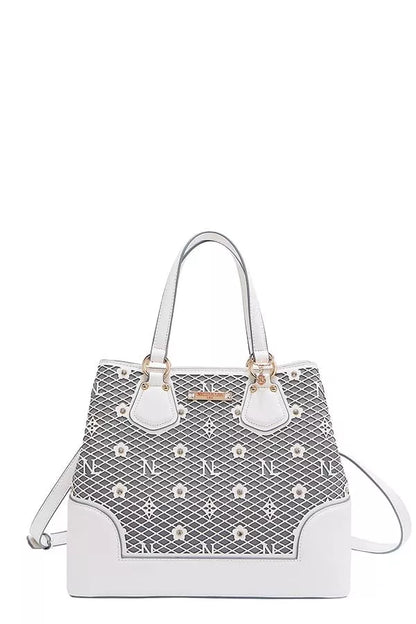 Nicole Lee USA monogram handbag in white with decorative embellishments and dual handles