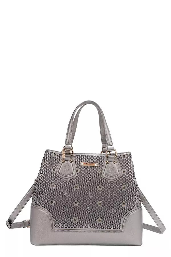 Nicole Lee USA monogram handbag with stylish design and detachable shoulder strap in grey