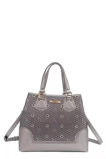 Nicole Lee USA monogram handbag with stylish design and detachable shoulder strap in grey