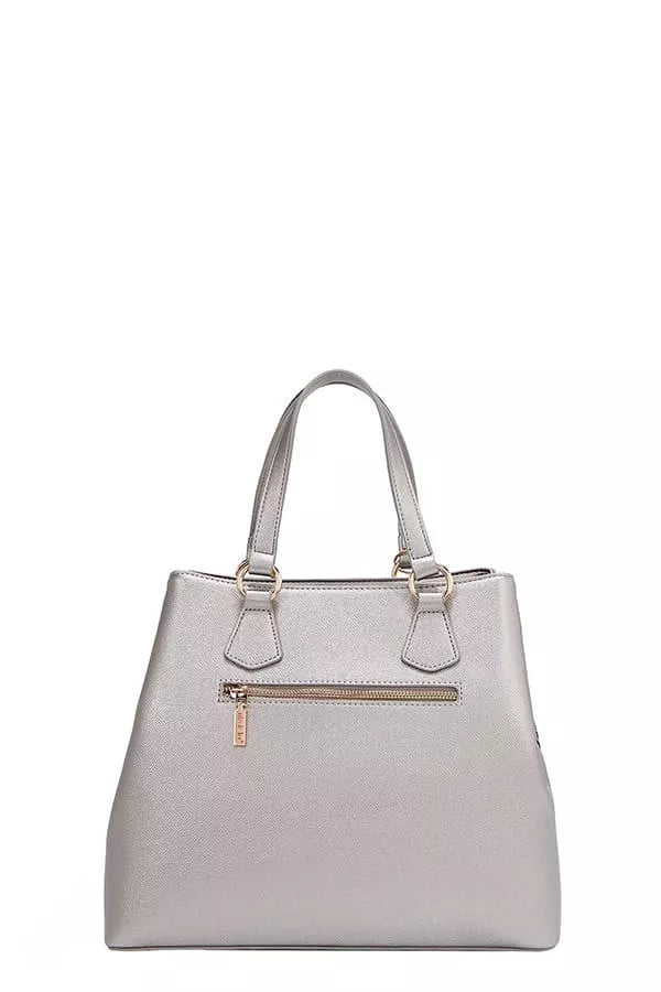 Nicole Lee USA monogram handbag in silver with dual handles and zippered front pocket