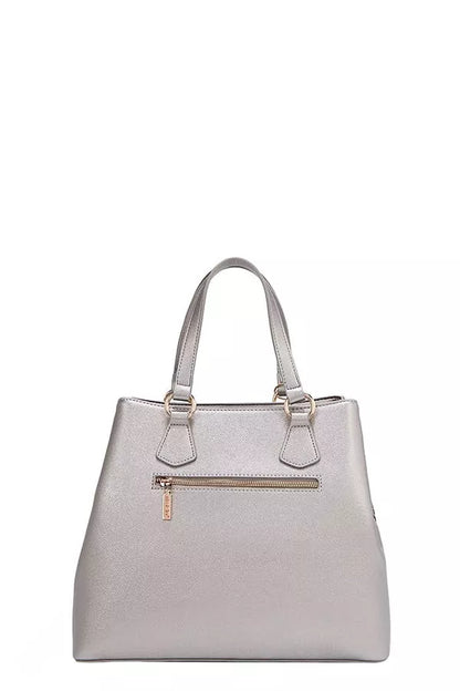 Nicole Lee USA monogram handbag in silver with dual handles and zippered front pocket