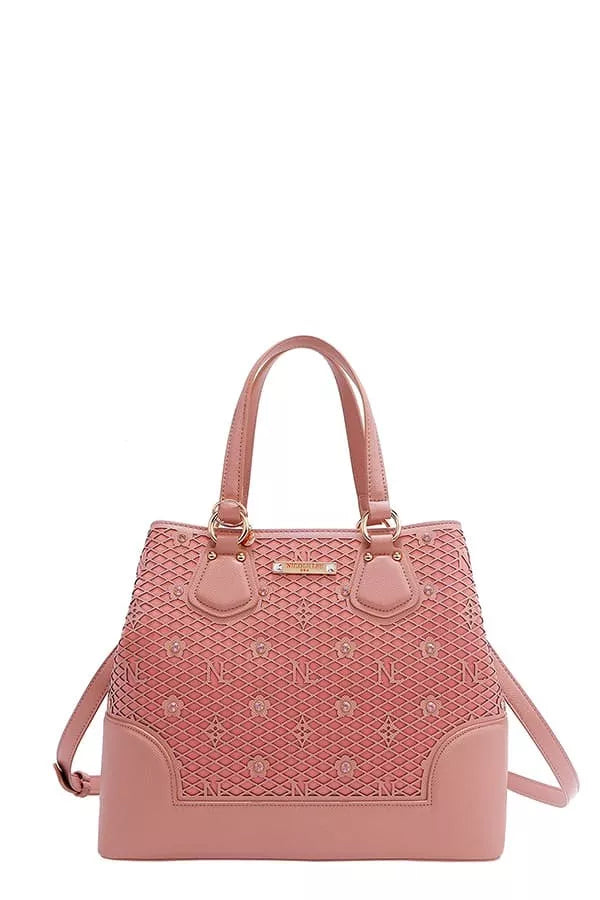 Nicole Lee USA monogram handbag in pink with stylish design and dual handles for versatile use